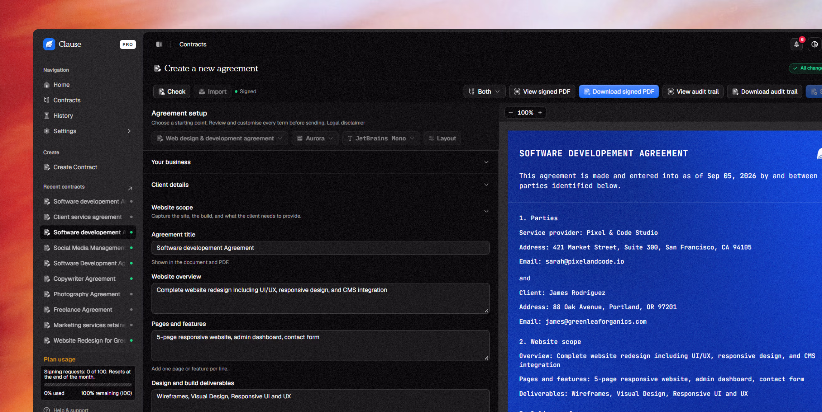 Clause contract editor dashboard