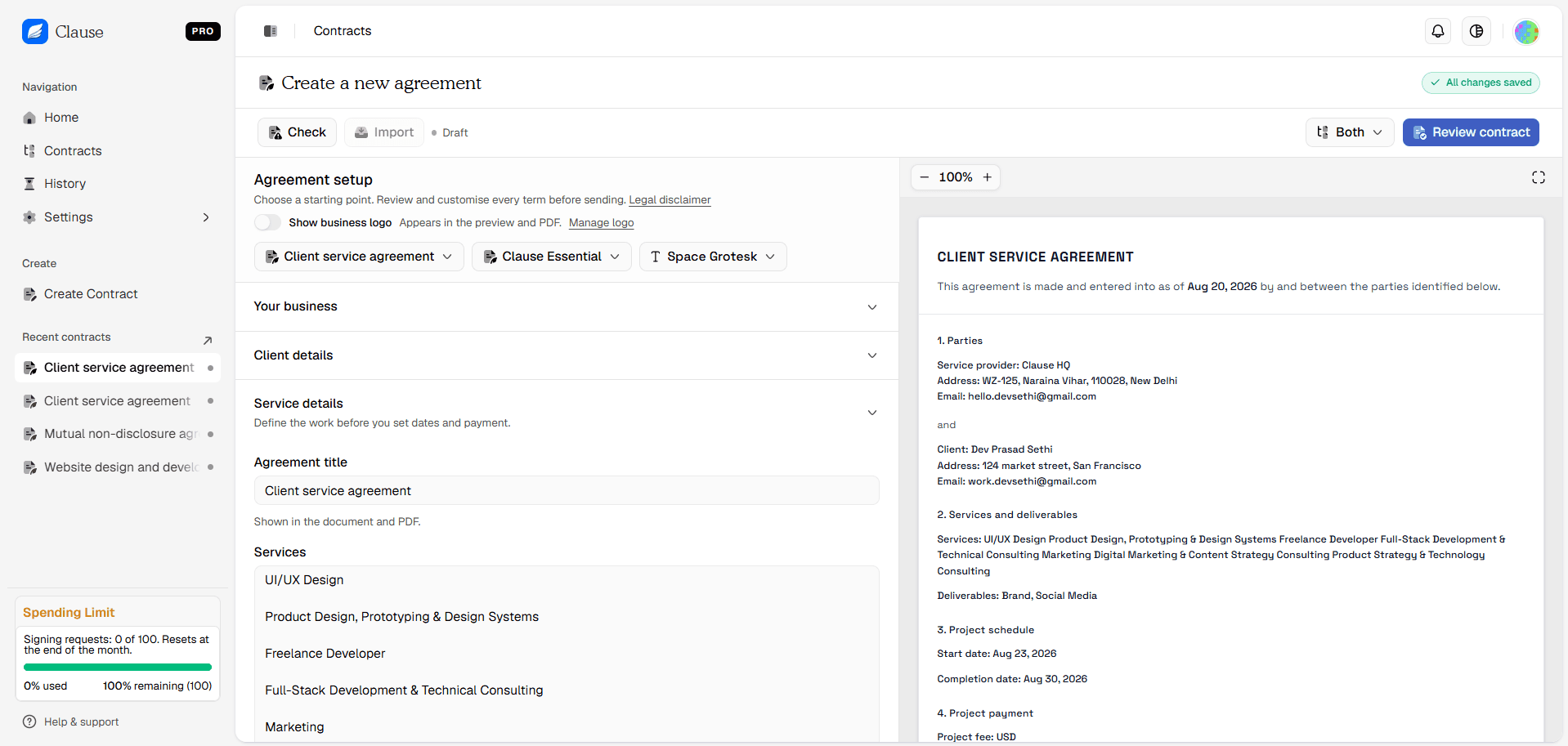Clause workspace showing contracts and signing status